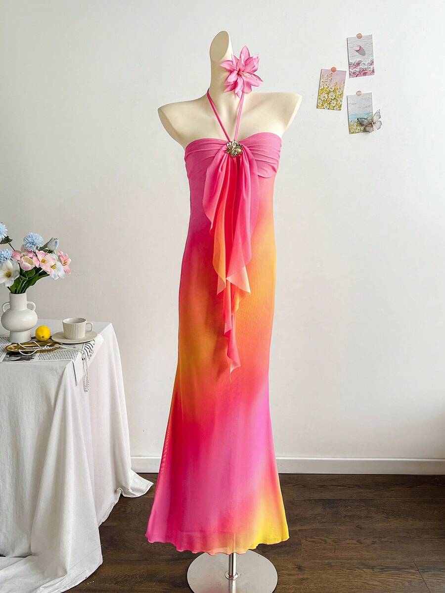 SHEIN 少女扎染针织网纱修身露背长裙,金属扣装饰,适合派对、度假、波西米亚风、复古、嘉年华、海滩度假等场合。 - 彩色 - 查看 1