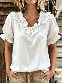 Balvessa Women's Summer New Solid Color Ruffle V-Neck Design Casual Vacation Shirt, Everyday Outerwear Top - White - View 4