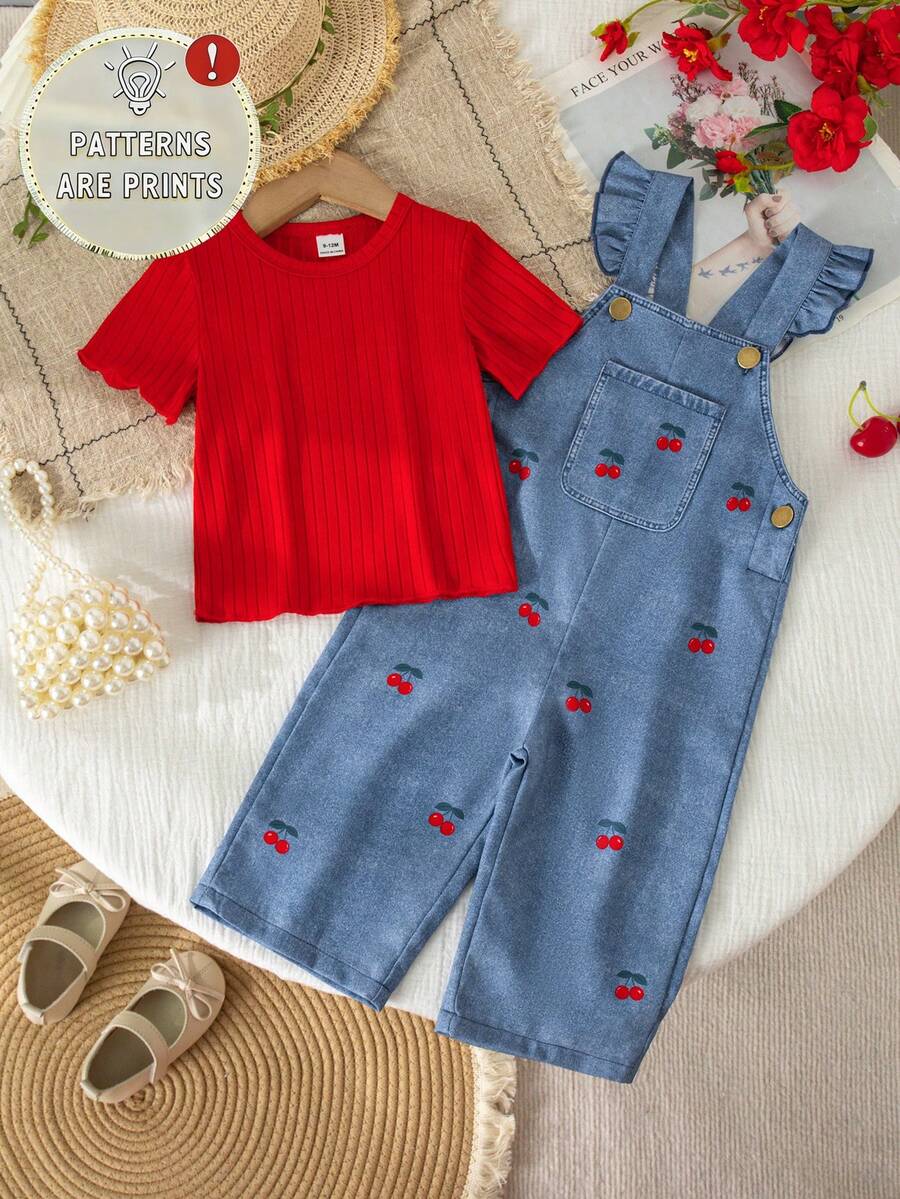 SHEIN Vintaside Kids 2件套女童休闲可爱纯色短袖上衣和花卉刺绣牛仔背带裤套装,适合春夏日常穿着 - 紅色 - 查看 1