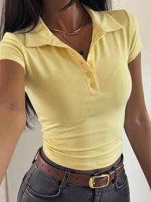 DAZY 女款翻領短袖修身簡約性感休閒套頭街頭風T恤 夏季 - 黃色 - 查看 5