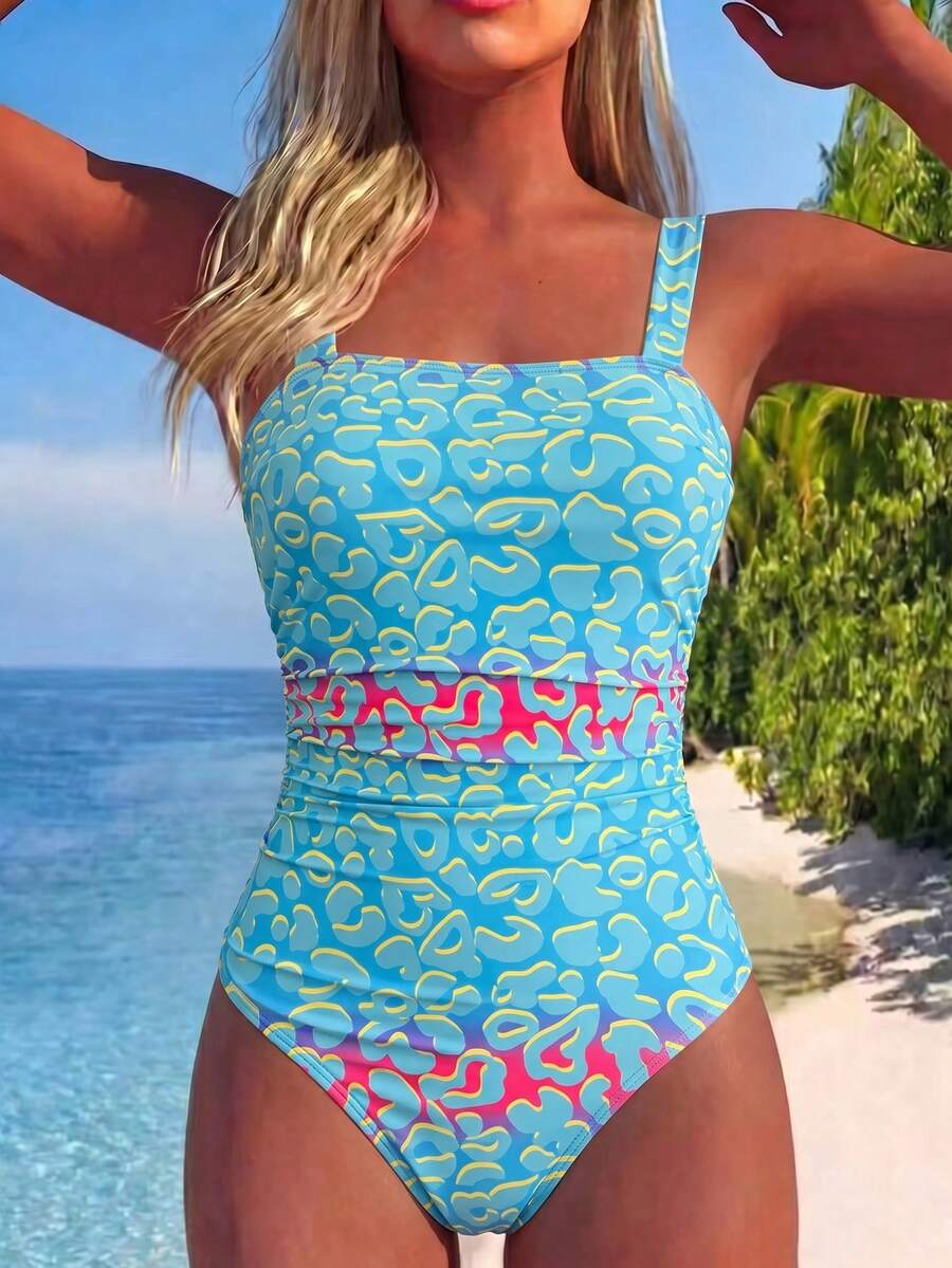 Swim Lushoire 女款寬肩帶優雅顯瘦百褶漸層式連身泳衣海灘套裝 - 彩色 - 查看 1
