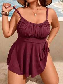 Swim Lushoire Plus Size Women 2pcs Solid Color Spaghetti Strap Minimalist Fashion Separate Two Pieces Tank Bikini Swimsuit - Burgundy - View 3