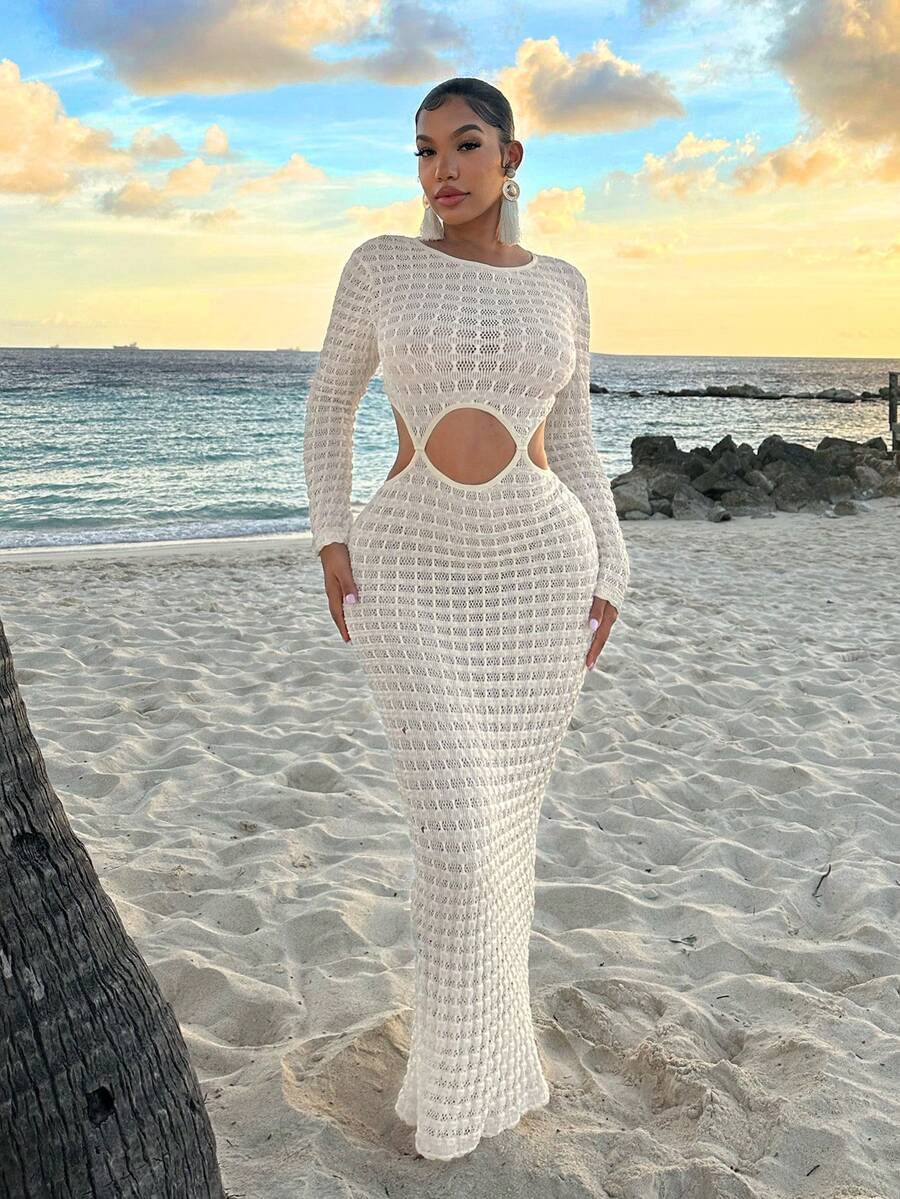 SHEIN SXY 海灘女性性感連衣裙沙灘服海灘女裝海灘度假女裝透視杏色長款沙灘裙