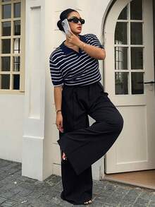 Dazy Plus Fun & Chic Commuter Colorblock Patchwork Polo Collar Casual Short Sleeve Plus Size Women Spring Summer Knit Top - Navy Blue - View 4