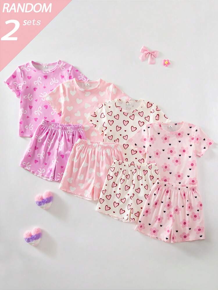 SHEIN [4 Sets Randomly Send 2 Sets]Young Girls Pajamas 4-Piece Set Cute Hot-Selling Bow & Heart Print Short Sleeve Shorts Regular Fit Knit Sleepwear Loungewear - Multicolor - View 1