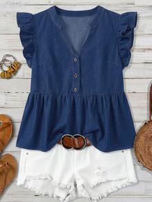 EMERY ROSE EMERY ROSE Blusa de mezclilla versátil con botones y puños con volantes para mujer de talla grande - Azul - Ver 1