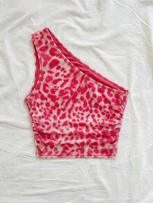 Soleia Top sexy casual de un hombro con fruncido y estampado de leopardo - Rosa - Ver 2