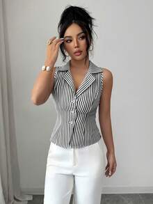 Elenzga Elegante gestreifte sexy Sommerweste für Damen, Urlaubslook - Schwarz und Weiss - Übersicht 6