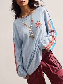 Bohemela BOHO 波西米亞風海灘度假休閒純色波浪印花針織圓領長袖寬鬆水洗女款T恤 - 藍色 - 查看 6