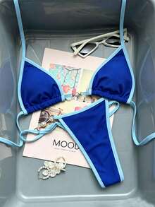 Swim Vcay Conjunto de bikini triangular con cuello halter y ribete de contraste para playa de verano - azul real - Ver 3