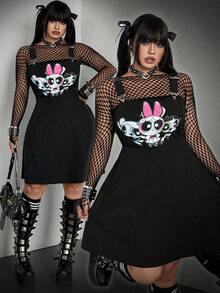Whyspr THE POWERPUFF GIRLS X SHEIN 女士优雅休闲黑色交叉肩带甜美A字吊带连衣裙，夏季 - 彩色 - 查看 1