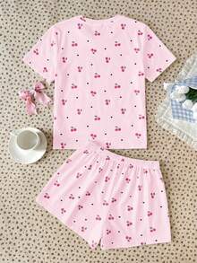 SHEIN 青少年女孩休閒寬鬆極簡圓領短袖短褲家居服，適合春夏季 - 彩色 - 查看 4