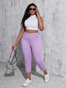 SHEIN Tall CURVE Quần skinny dáng lửng denim trắng co giãn size lớn cho nữ - Màu tím - Xem 5