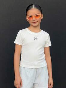Dazy Kids 青少年女孩秋季圓領針織蝴蝶結刺繡背心夏季款 - 白色 - 查看 6