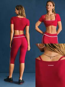 GLOWMODE FeatherFit™ Atasan Pendek Lembut dengan Detail Putaran Depan dan Tengah yang Menyerap Keringat, Motif Kontras, Cocok untuk Yoga, Studio Pilates, dan Aktivitas Sehari-hari dengan Dampak Rendah. - Merah - View 9