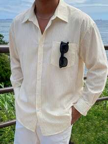 DAZY Camisa de manga larga a rayas amarillas para hombre de primavera - Amarillo claro - Ver 5
