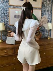 DAZY Spring Summer Elegant Ruffle Lantern Sleeve Design Unique Minimalist Women's Romper - Apricot - View 2