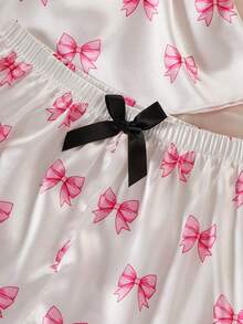 Girls Pajamas, White With Pink Bow Pattern Print, Comfortable Soft Satin Fabric Camisole Top And Shorts, 2 Pieces Loungewear Set - Multicolor - View 7
