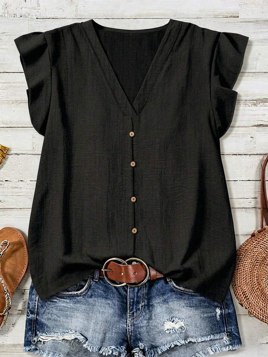 EMERY ROSE Women's Summer Textured Shirt Versatile - Black - View 1