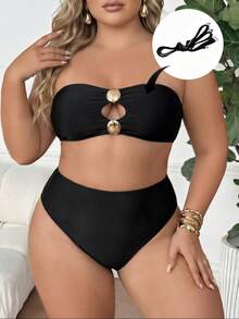 SHEIN CURVE+ Conjunto de bikini bandeau de vacaciones para mujer talla grande - Negro - Ver 3