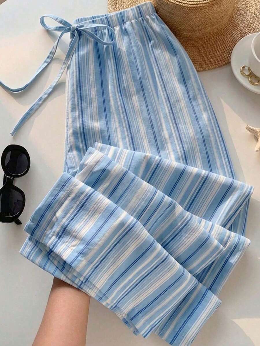 SHEIN EZwear 女款休閒腰部繫帶直筒長褲,適合夏季 - 淺藍色 - 查看 1