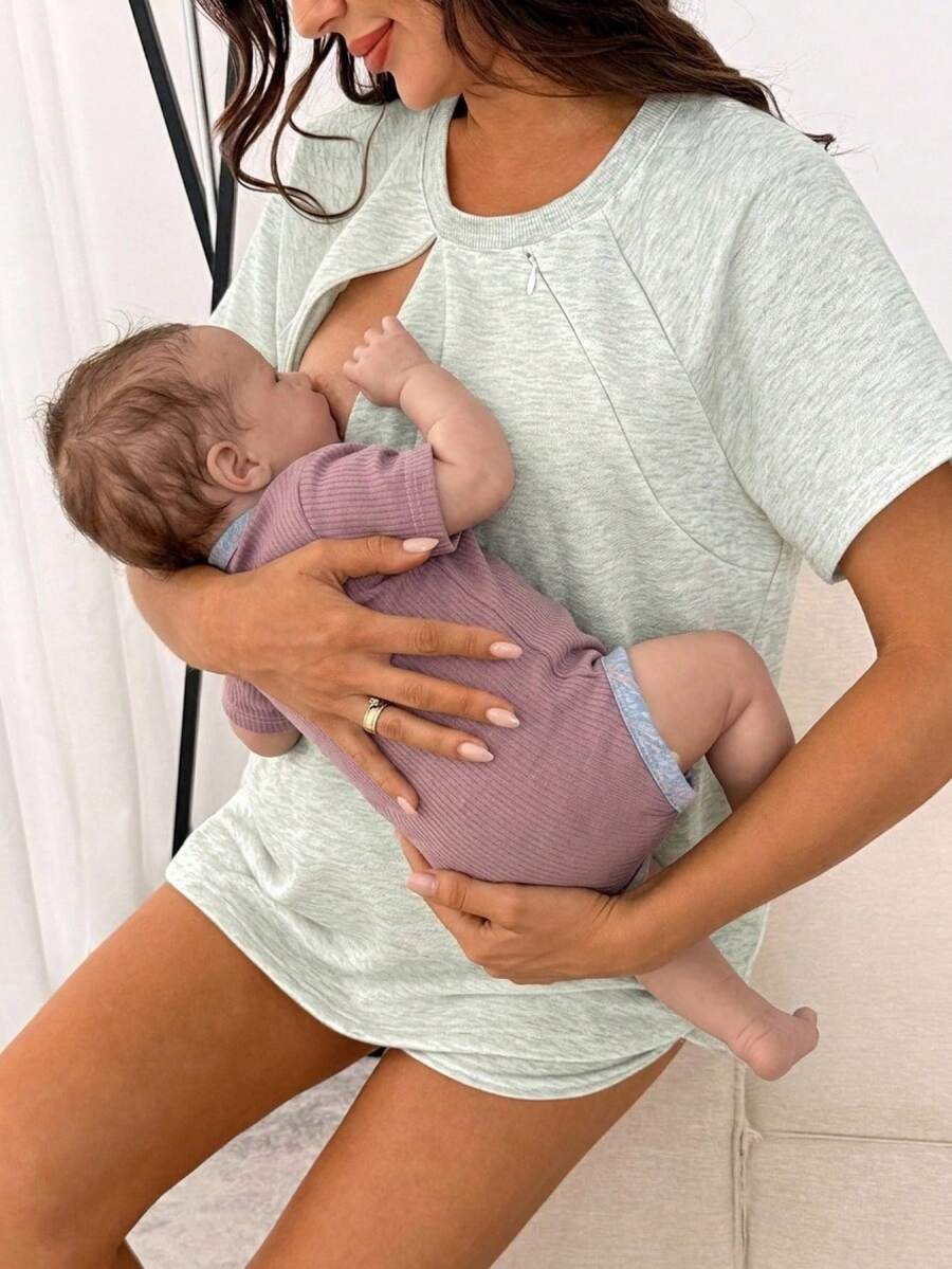 Slowluna 两件套孕妇纯色哺乳功能上衣和短裤休闲日常穿着套装 - 灰色 - 查看 1