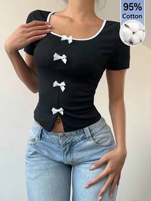 Aloruh Women's Cute Dual-Tone Trim Bow Short Square Neck 95 Cotton T-Shirt Date Night Everyday Black And White Checkered Summer French - Black - View 5