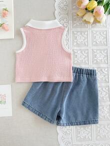 SHEIN Playful Pals 2件組女嬰粉色V領領口無袖背心上衣 & 淺藍色裙褲可愛夏季度假套裝，附刺繡蝴蝶結藍色調 - 粉色 - 查看 3