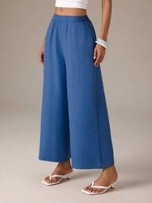 SHEIN Tall Women's Solid Color Minimalist Casual Elastic Waist Loose Long Pants Suitable For Daily Wear, Tall Women Vacation Blue Autumn - Blue - View 7