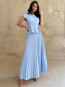 Firerie Women's Summer Elegant Solid Color Pleated Waist-Cinched Top And Pleated Skirt 2 Pieces Set Office Light Blue - Blue - View 7