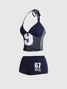 ROMWE Spring/Summer Y2K Hot Girl Sporty World Cup Outfit Digital Print Tight Halter Neck Tank Top And Mini Shorts 2pcs Set - Navy Blue - View 11