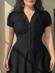 SHEIN MOD Plus Size Women's Solid Color Short Petal Sleeve Single Breasted Casual Short Dress - Black - View 2