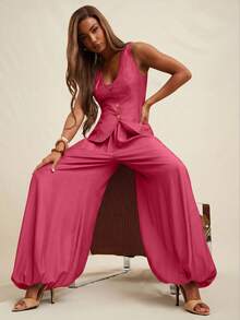 NYA SZN Matching Set Top & Pant Vest Plunge Neck Button Up Fitted High Rise Flowy Pleated Office Business  Everyday Casual Brunch Modest Outfits For Women - Red - View 7