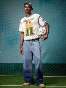 男士休闲宽松破洞喇叭蓝色牛仔裤 - 深色水洗藍 - 查看 3
