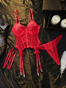 Seduluxe 3pcs/Set Lace Underwire Sexy Lingerie Set For Women - Red - View 2