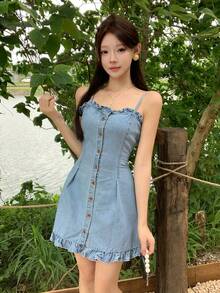 DAZY Women's Summer Frill Trim Patchwork Short Camisole Dress Sexy Casual Denim Dress Y2K - Light Wash - View 6