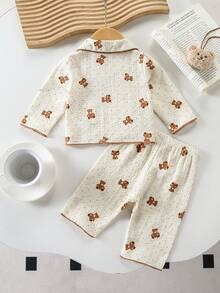 2pcs Baby Girls' Long Sleeve Cardigan And Pants Homewear Set, Woven Fabric With Cute Cherry Print - Multicolor - View 2