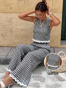 Serisse Women's Vacation Plaid Round Neck Tank Top And Pants Casual European Two Pieces Set Vacation Black Gingham Summer - Black and White - View 8