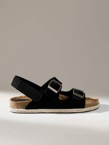 Solecia Sandalias de mujer primavera y verano nuevas con diseño de doble hebilla, punta abierta, suela plana, cómodas y ligeras, fáciles de poner, con borde tejido, color negro, estilo casual para vacaciones y playa - Negro - Ver 1