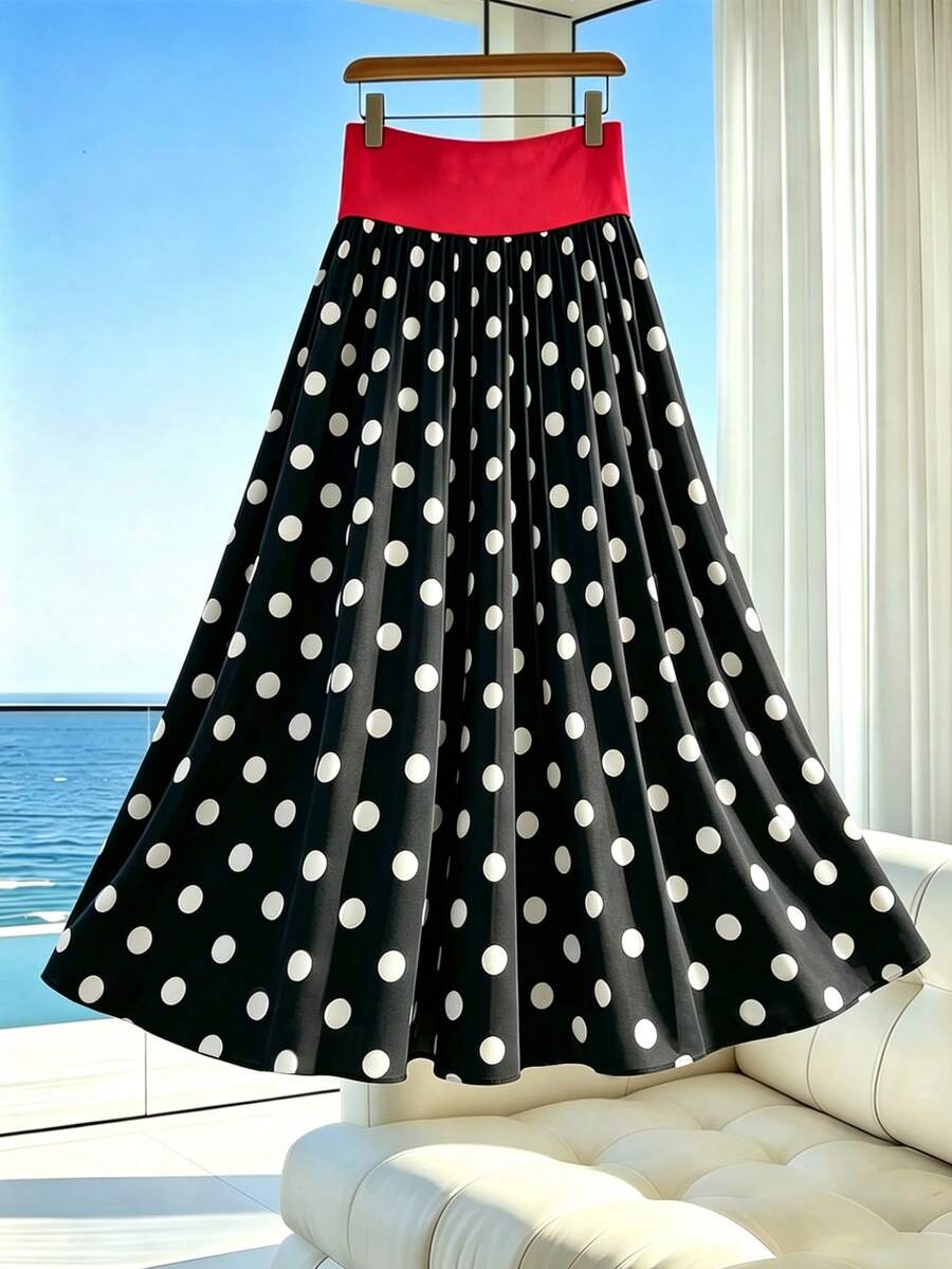 SHEIN Franclia Eleganter Damen-Sommerrock im A-Linien-Stil für Urlaub, Lässig und Pendeln, schwarze Basis mit weißem Polka-Dot-Muster und kontrastierendem rotem Bund - Schwarz und Weiss - Übersicht 1