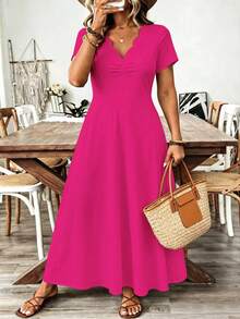 Breezaya Vestido largo de moda para ir al trabajo con cuello ondulado para mujer de talla grande - Rosa Fucsia - Ver 1