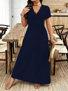 Breezaya Plus Size Women's Wavy Collar Fashion Commuter Long Dress - Navy Blue - View 3