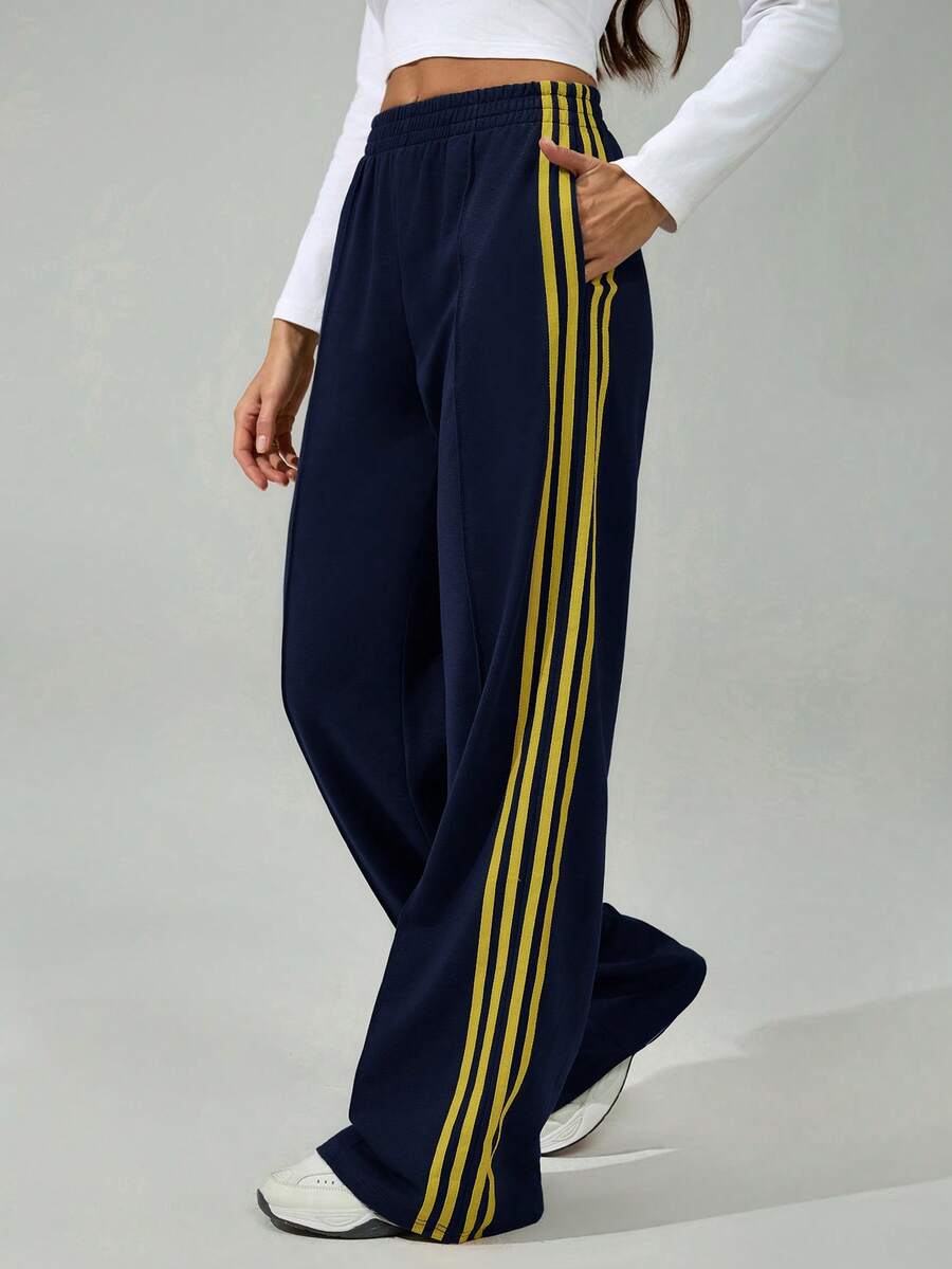 SHEIN Tall 女款彈性腰側條紋寬腿寬鬆休閒運動褲,返校季,高個女性適用 - 藏蓝色 - 查看 1