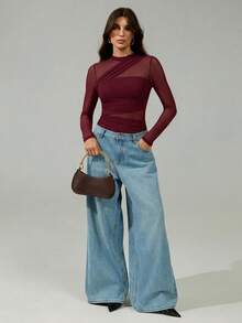 SHEIN Tall 女款棕色透視網紗長袖抓皺小高領緊身衣，適合雞尾酒會、浪漫約會、冬季內搭，適合高個女性 - 酒紅色 - 查看 4