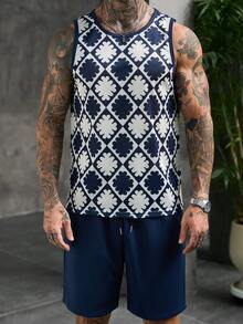 Manfinity Homme Conjunto de camiseta de tirantes y pantalones cortos con estampado geométrico integral casual y fresco para hombre, estilo de verano, vacaciones - Multicolor - Ver 7