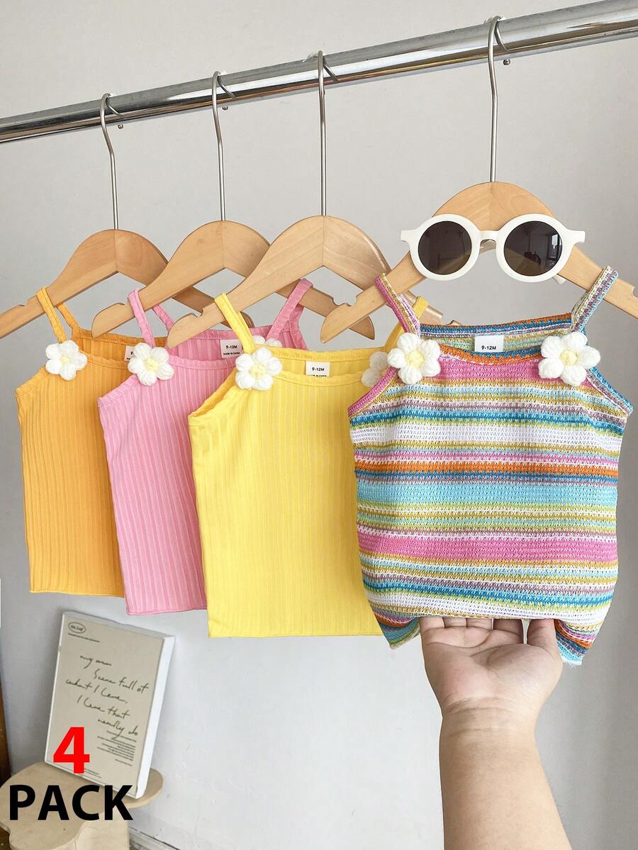SHEIN Playful Pals 女嬰春夏季簡約舒適細肩帶上衣 4 件組 - 彩色 - 查看 1