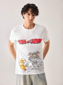 Strevion TOM & JERRY 男士极简主义汤姆掉进冰洞图案印花圆领短袖T恤，夏季 - 白色 - 查看 4