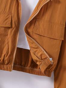 SHEIN Tween Girl Solid Color Dropped Shoulder Long Sleeve Utility Pocket Zipper Placket Hooded Jacket - Khaki - View 4