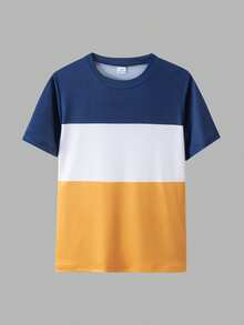 4pcs Striped, Color Block, Black, Yellow Casual Sports T-Shirt Combo Pack, Versatile For Teens, Spring/Summer - Multicolor - View 4