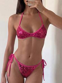Costavie Bộ bikini 2 món cho kỳ nghỉ bãi biển xuân/hè, áo bandeau cổ yếm vải sequin vân nổi và quần thong buộc bên hông - Màu Hồng Tươi - Xem 4
